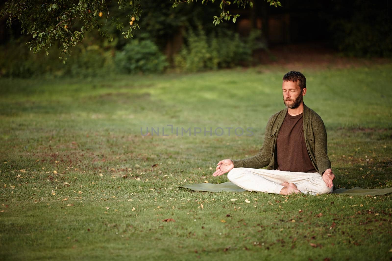 Shot of a handsome mature man meditating in the lotus position in the outdoors.