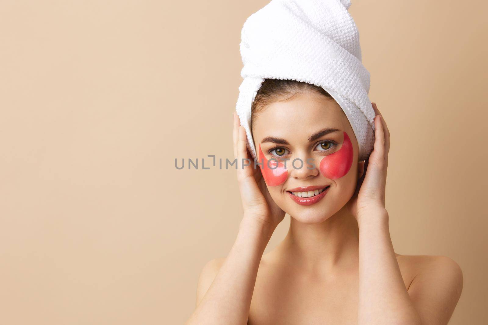 portrait woman pink patches clean skin smile posing close-up Lifestyle. High quality photo