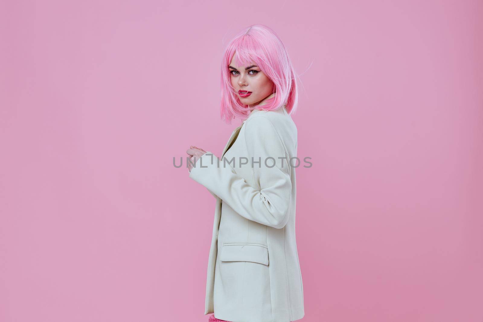 Beauty Fashion woman modern style pink hair Red lips fashion pink background unaltered by SHOTPRIME
