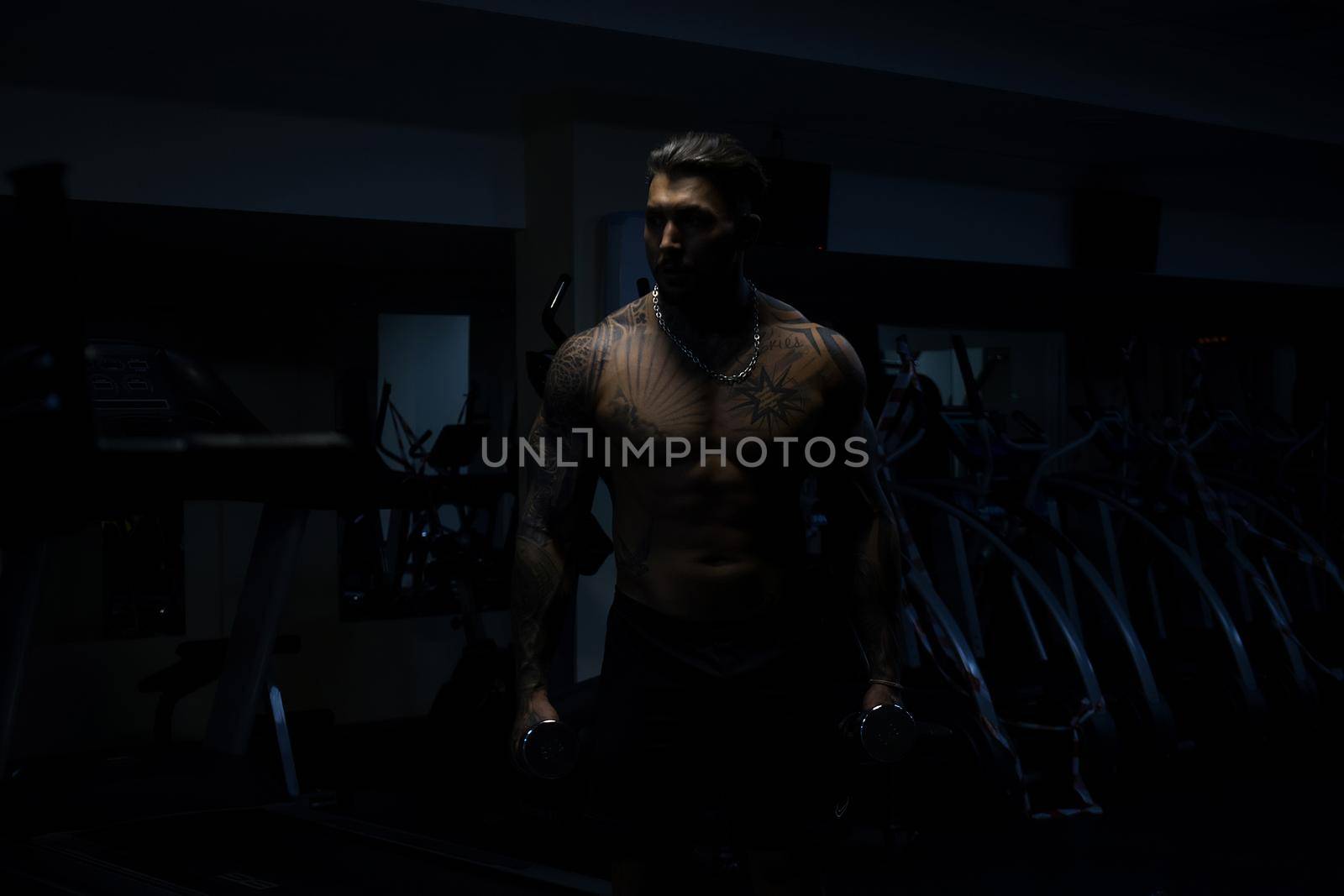 Strong male bodybuilder doing exercises with dumbbells by 3KStudio