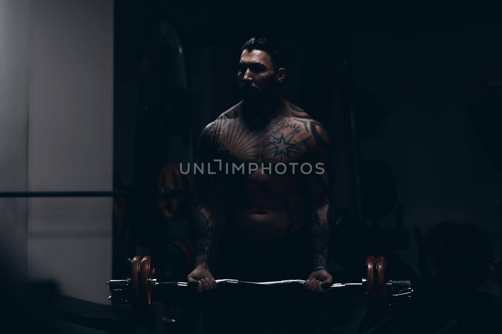 Muscular male athlete with tattooed naked torso standing in dark gym and doing dumbbell curls during workout