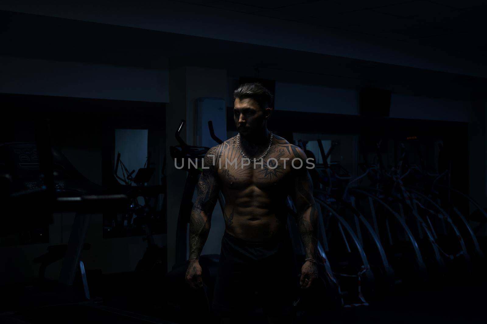 Strong male bodybuilder doing exercises with dumbbells by 3KStudio