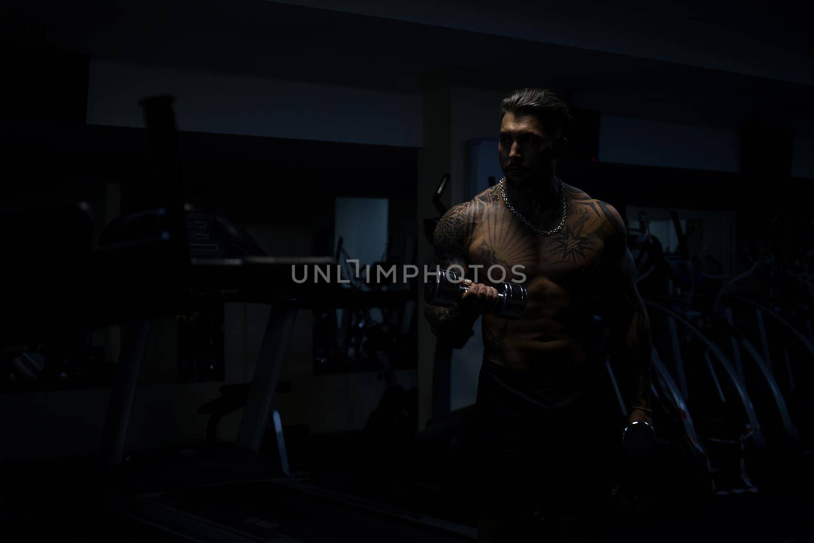 Strong male bodybuilder doing exercises with dumbbells by 3KStudio