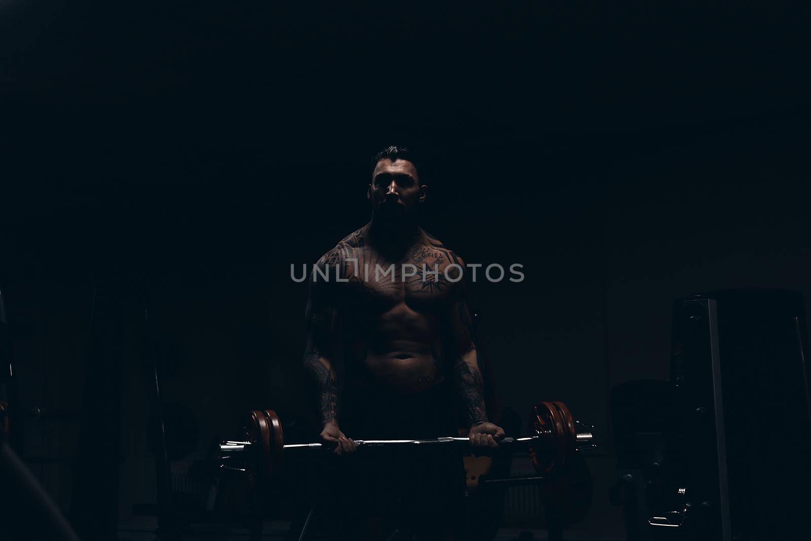 Strong male bodybuilder doing exercises with dumbbells by 3KStudio