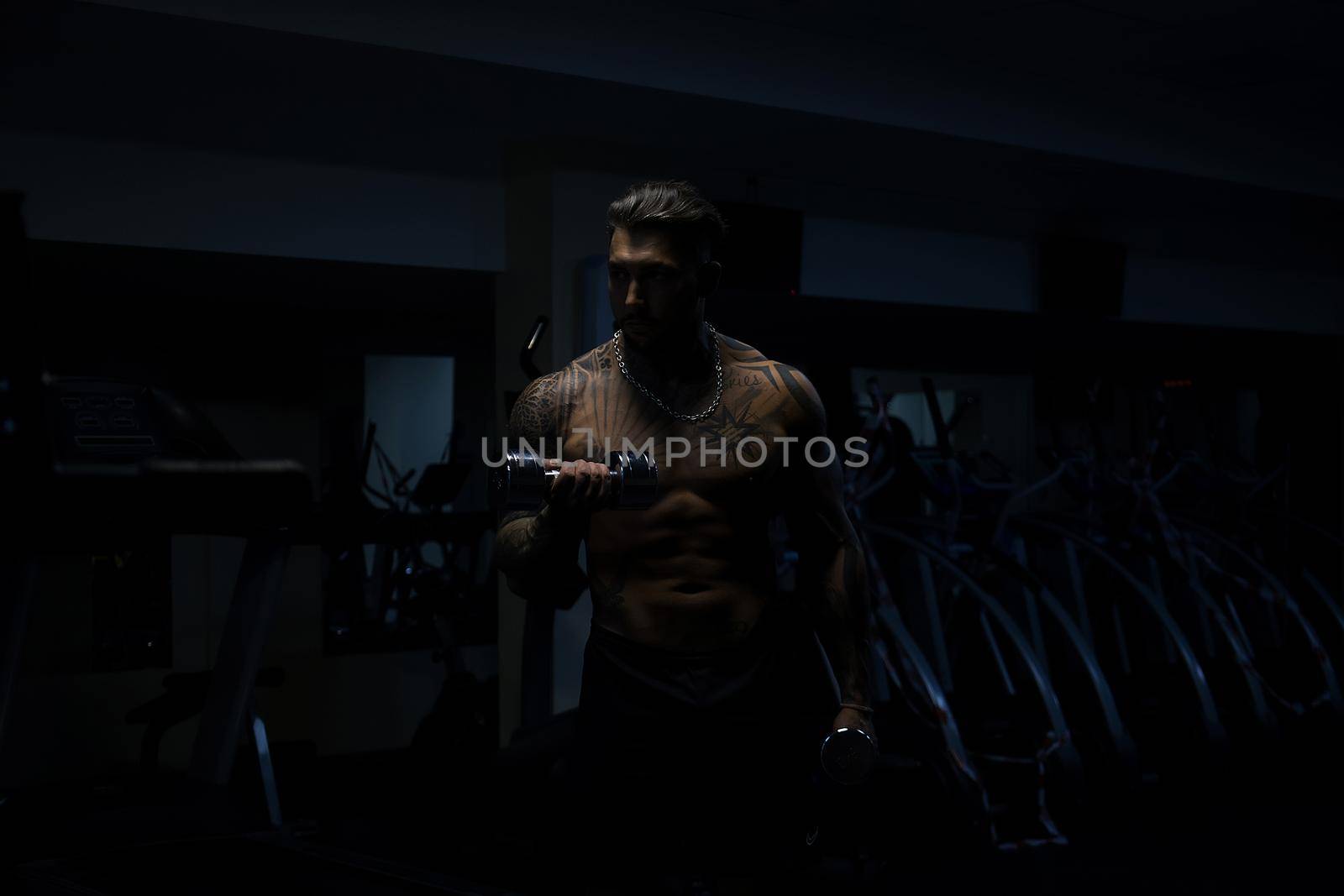 Strong male bodybuilder doing exercises with dumbbells by 3KStudio