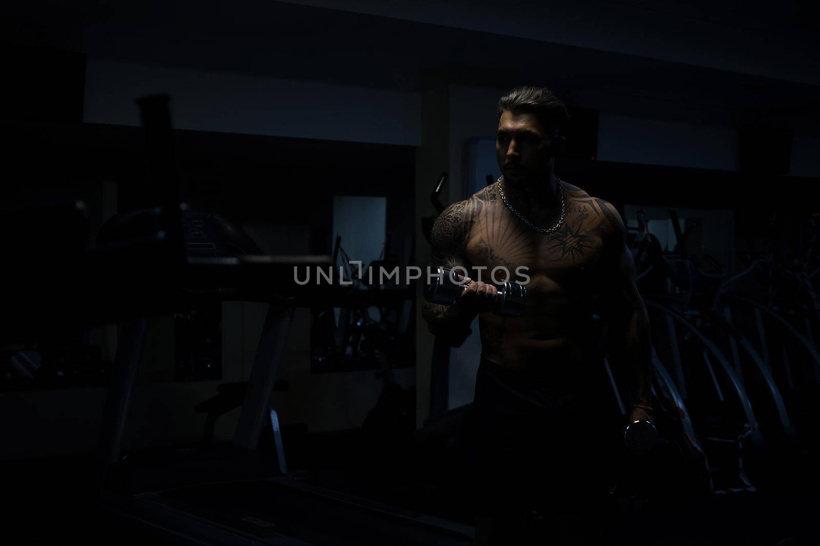 Strong male bodybuilder doing exercises with dumbbells by 3KStudio