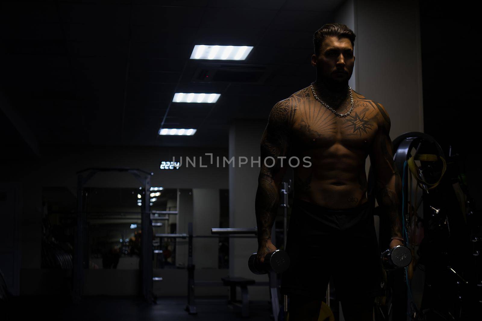 Strong male bodybuilder doing exercises with dumbbells by 3KStudio