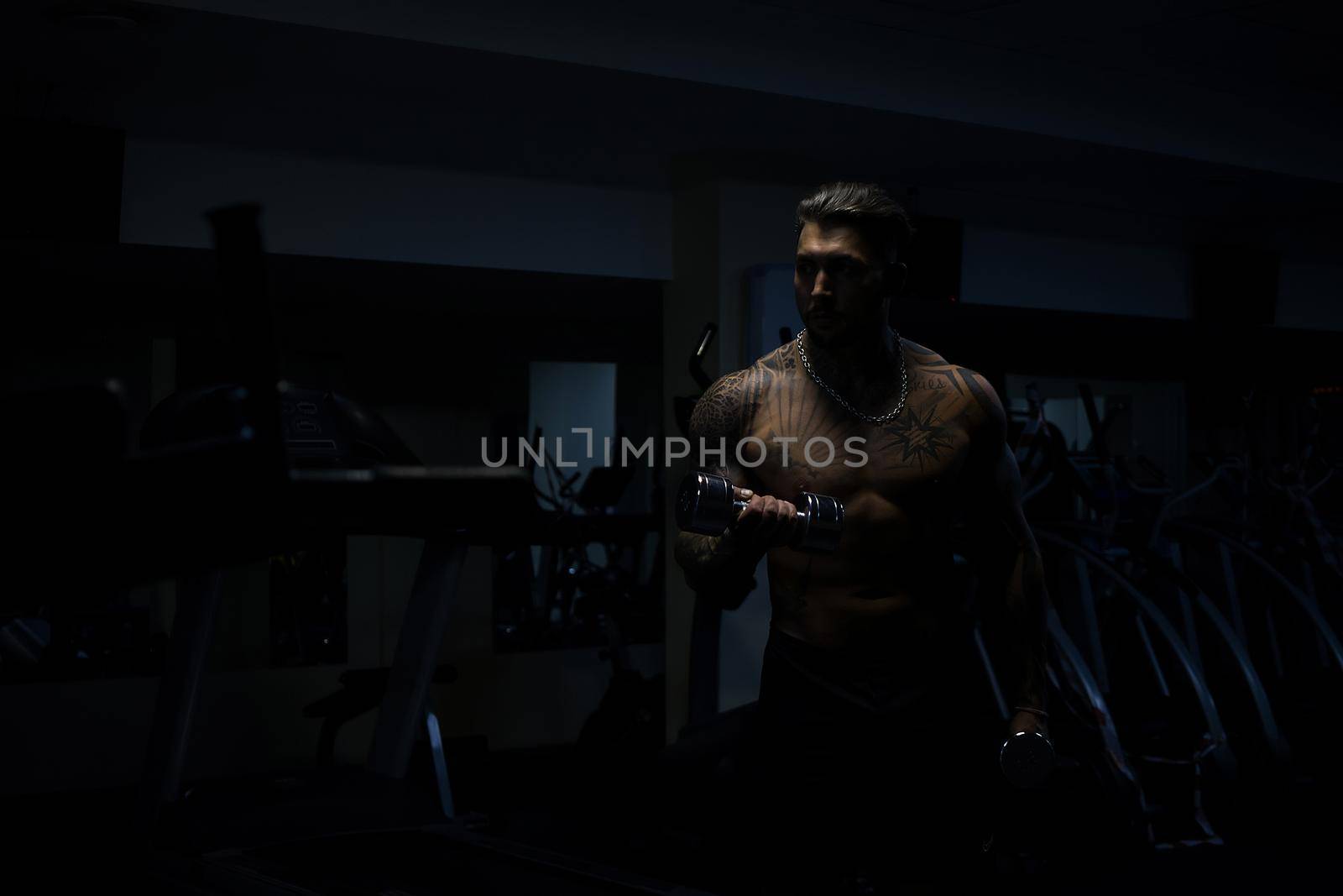 Strong male bodybuilder doing exercises with dumbbells by 3KStudio