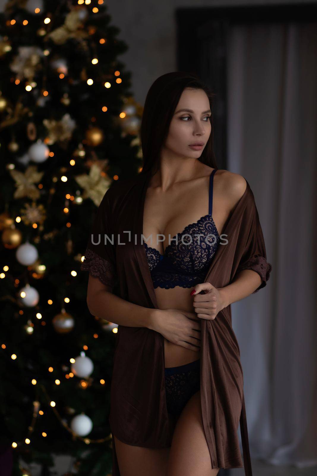 Gorgeous young female model wearing various stylish underwear during Christmas holidays at home by 3KStudio