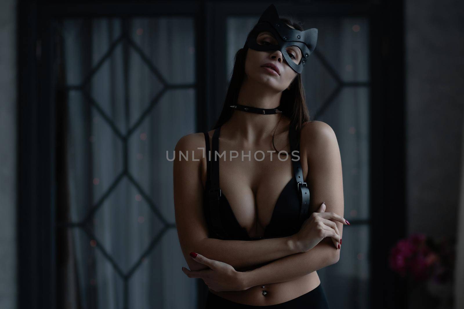 Alluring female in black underwear and cat mask looking at camera while standing in dark room