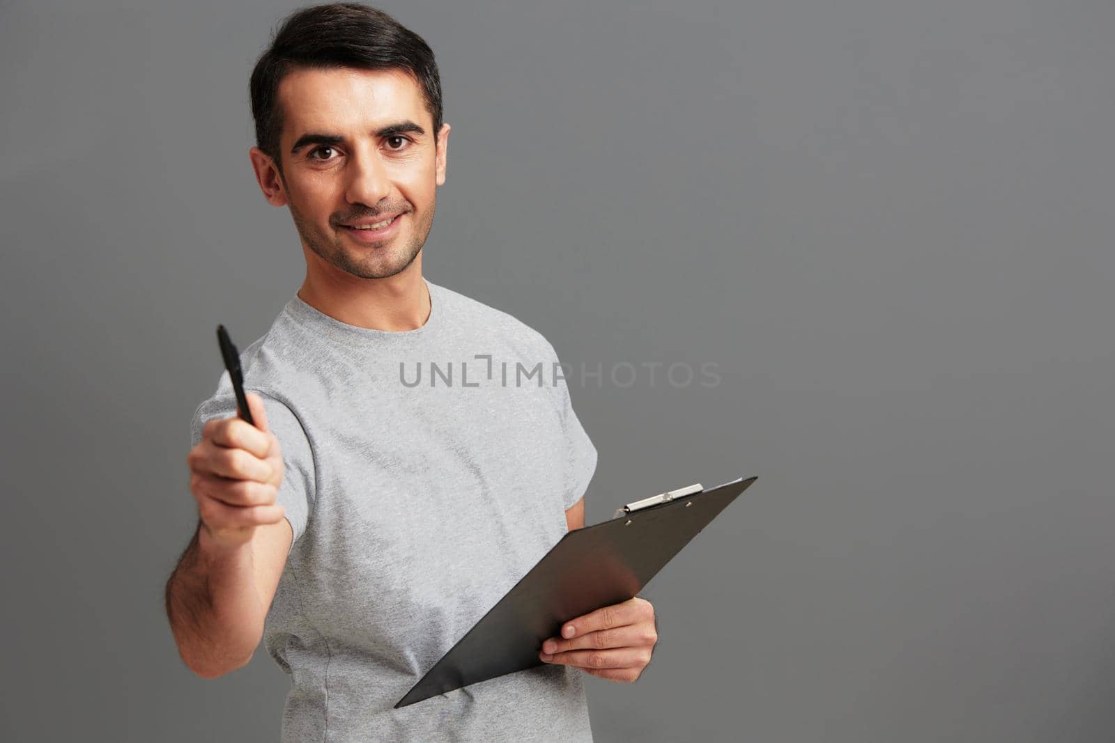 portrait man tablet for paper documents isolated background. High quality photo