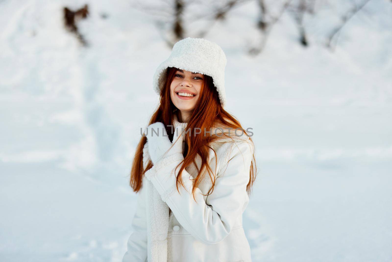 pretty woman winter clothes walk snow cold vacation Fresh air. High quality photo