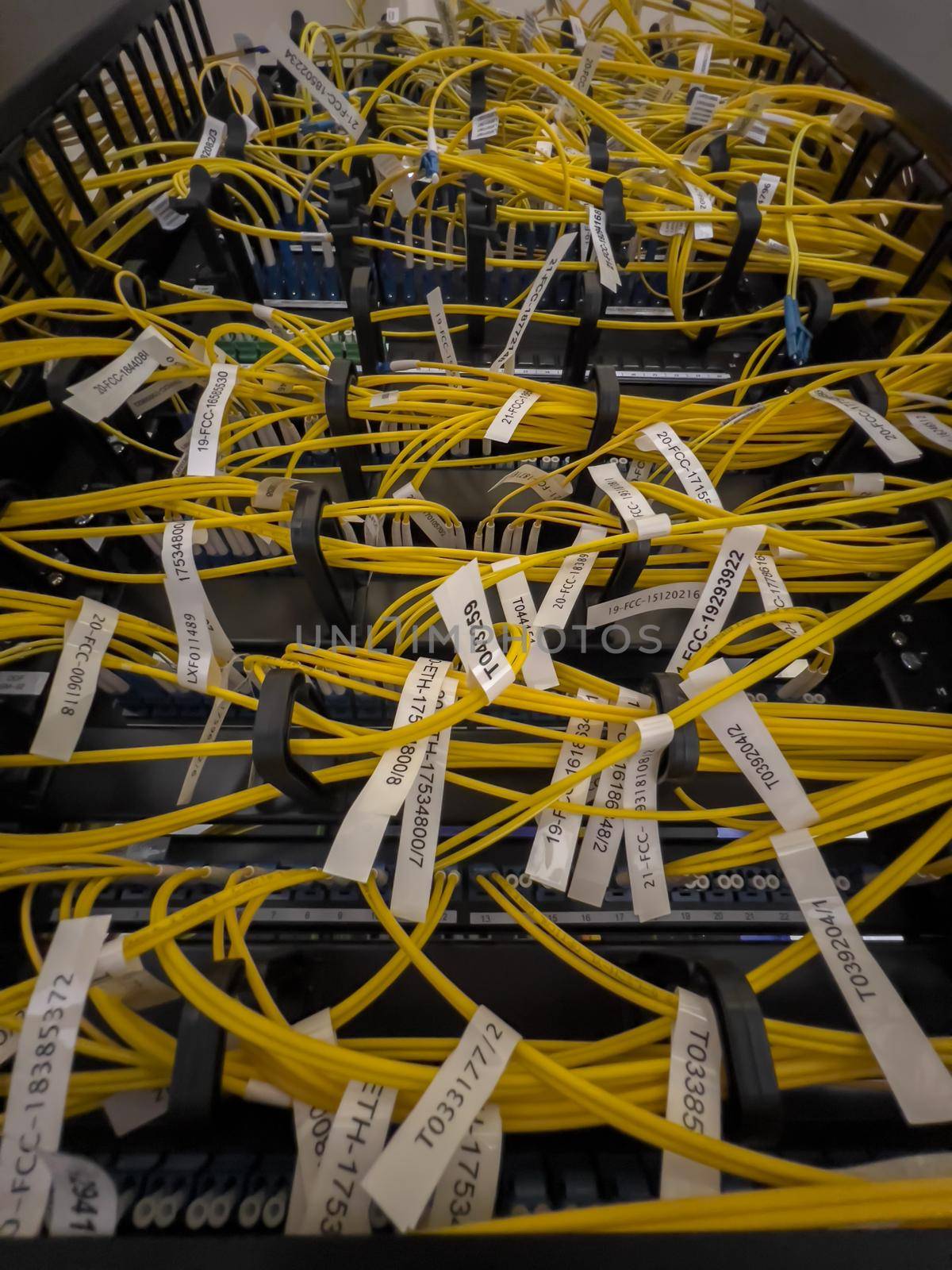 multiple server rack cables, cloud storage, indicators of different colors, lan. High quality photo