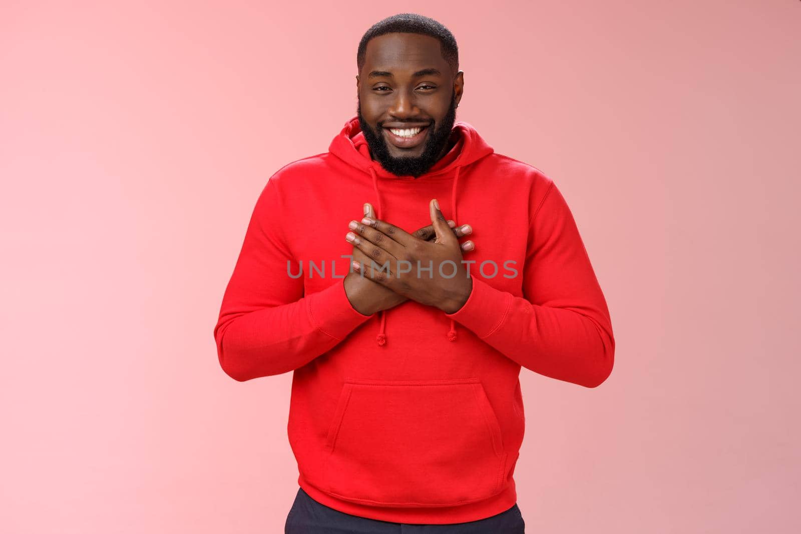 Guy cherish friendship. Portrait lovely touched pleased cute african american bearded man receive touching compliments press palms heart happy grateful, feel thankful appreciating nice gestures by Benzoix