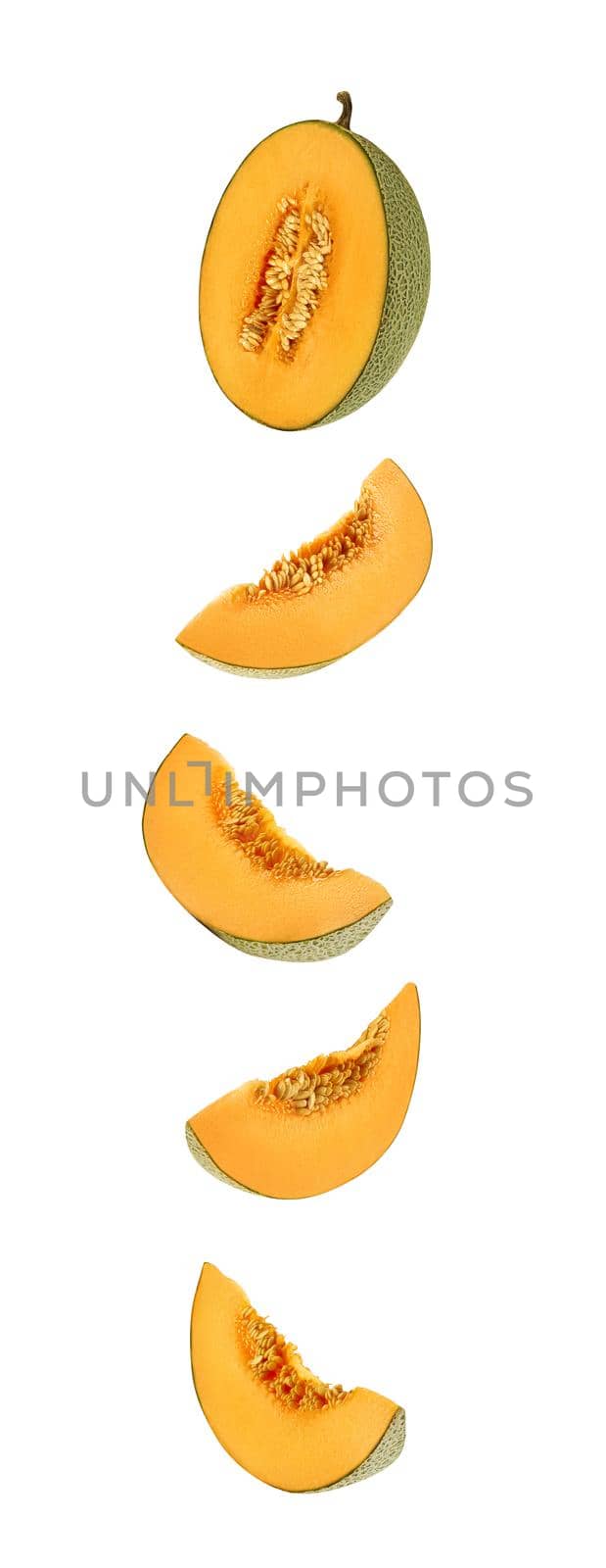 Set of some cantaloupe melons in a cross-section, isolated on white background with copy space for text or images. Side view. Close-up shot. by nazarovsergey