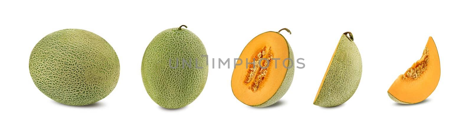 Set of some sugary cantaloupe melons in a cross-section, isolated on white background with copy space for text or images. Sweet orange flesh with seeds. Pumpkin plant family. Side view. Close-up shot.