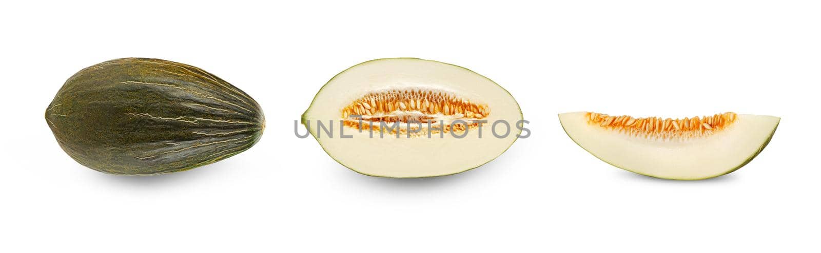 Sugary green tendral melon, one half and slice in a cross-section, isolated on white background with copy space for text or images. Ripe pulp with seeds. Pumpkin plant family. Side view. Close-up shot.