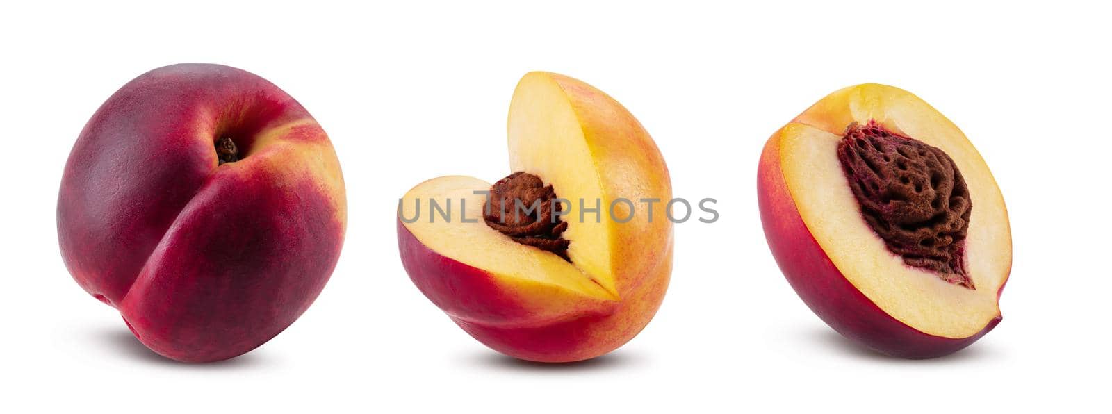 Smooth-skinned, sweet whole nectarine and two cutted out with kernels isolated on white background with copy space for text or images. Variety of peach. Side view. Close-up shot.