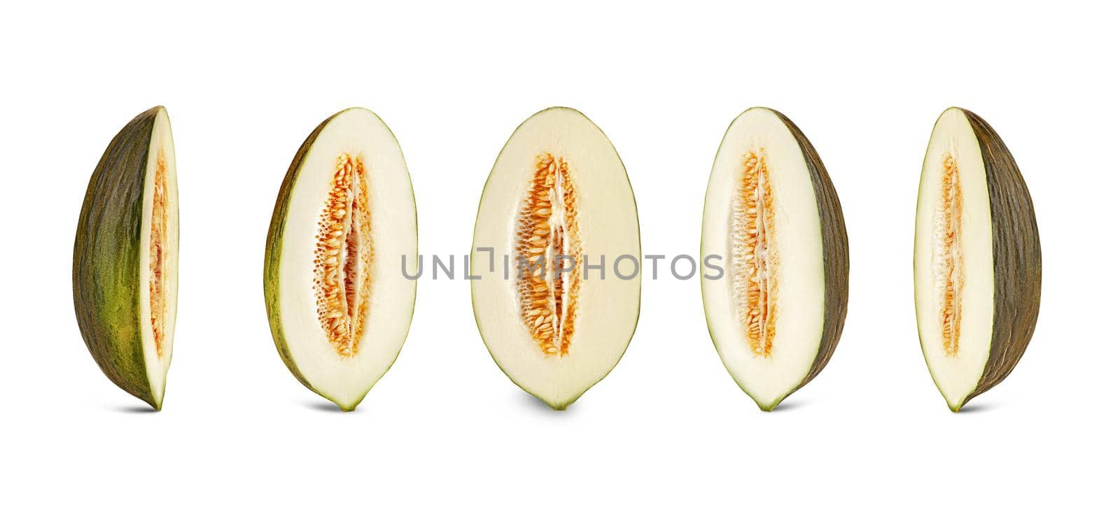 Five yummy green tendral melon halves in cross-section, isolated on white background with copy space for text or images. Side view. Close-up shot. by nazarovsergey