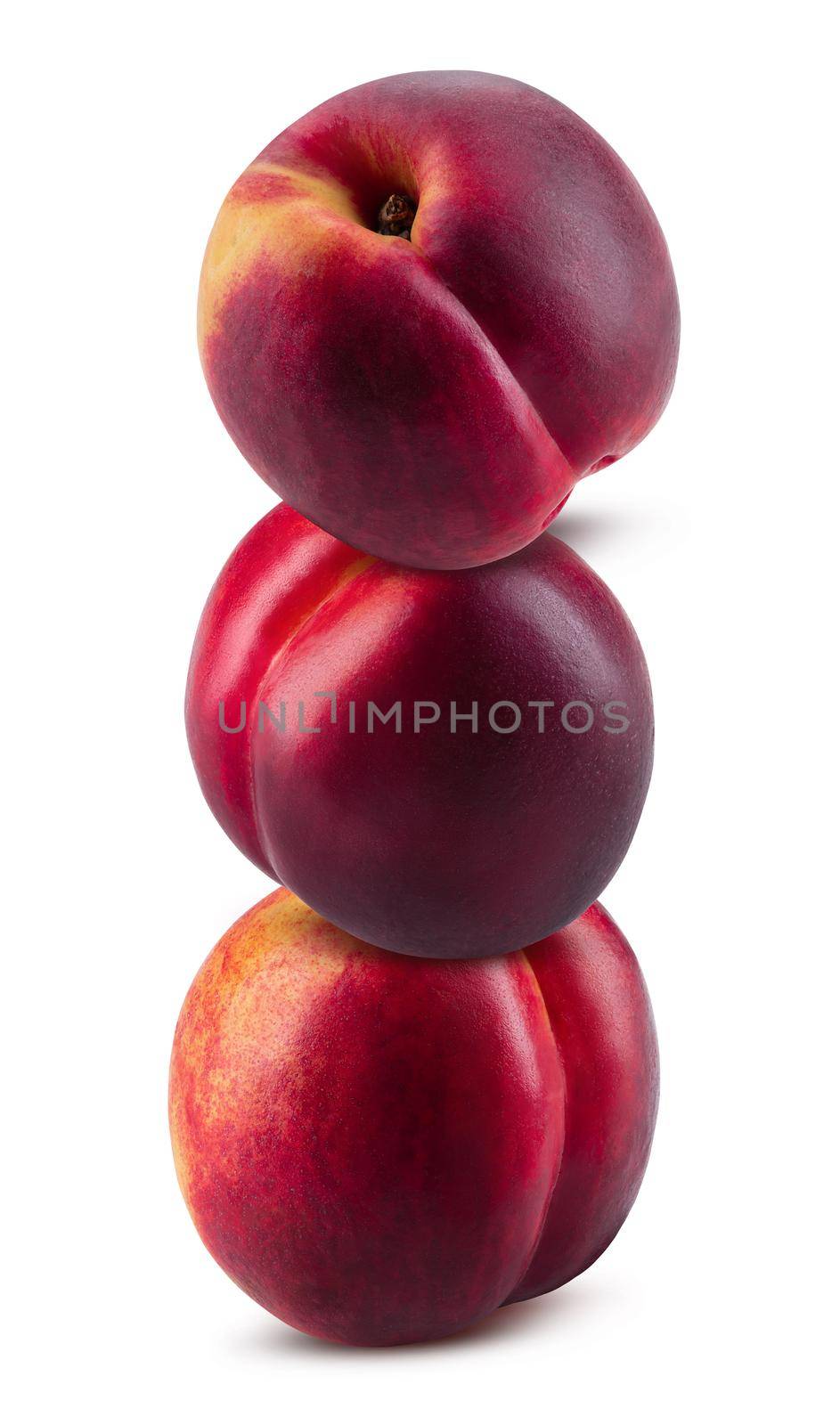 Three smooth-skinned, sweet nectarines isolated on white background with copy space for text or images. Variety of peach. Side view. Close-up shot.