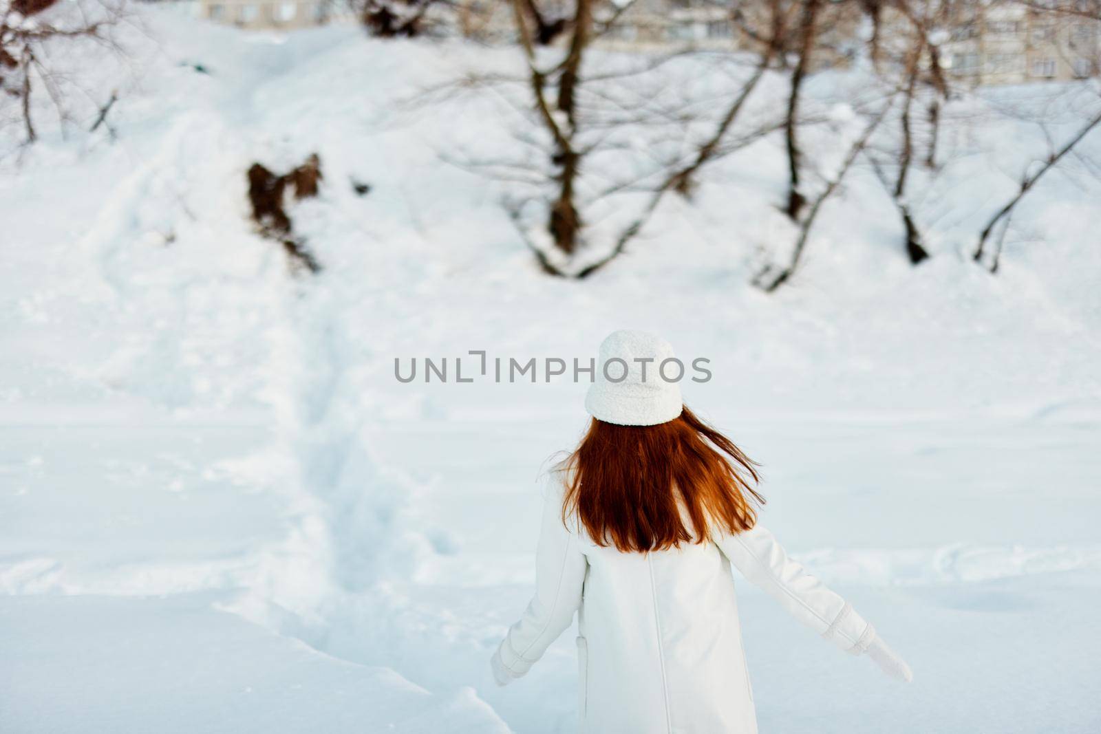 young woman smile Winter mood walk white coat Fresh air by SHOTPRIME