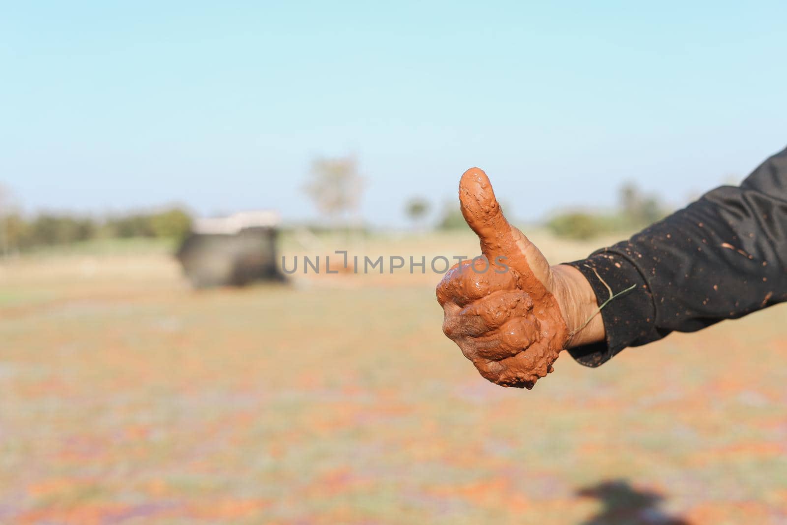 Farmers thumbs up in the field background