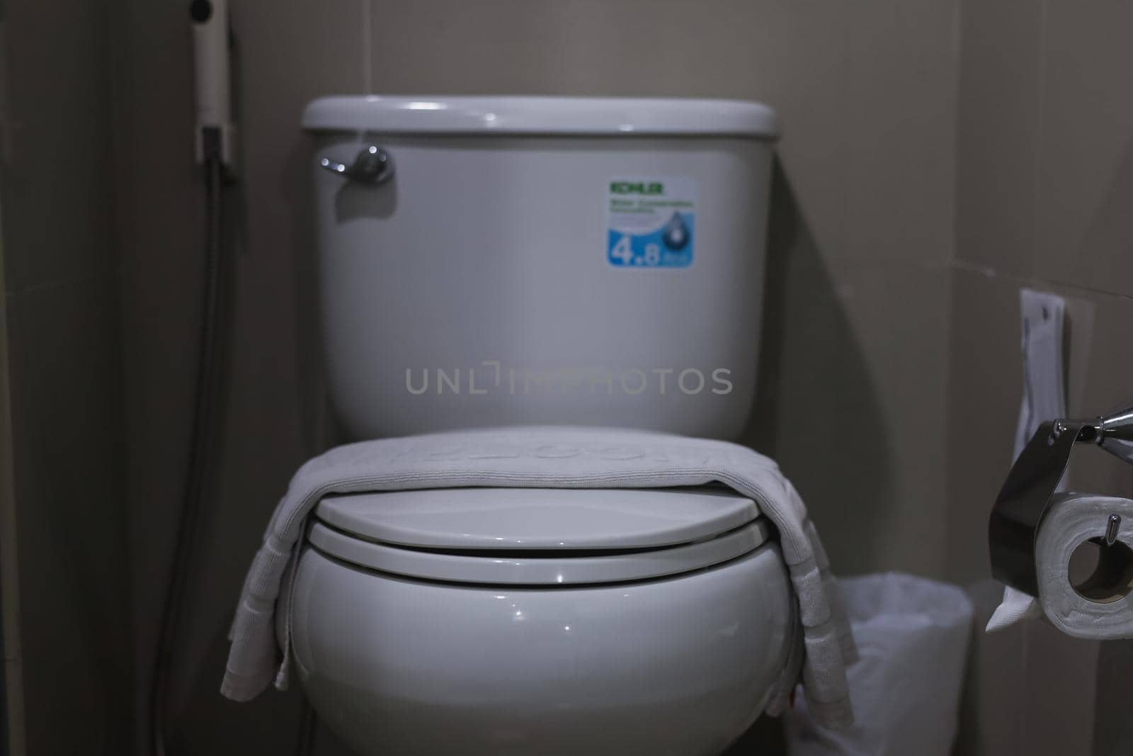 Clean toilets are prepared for customers inside the hotel.
