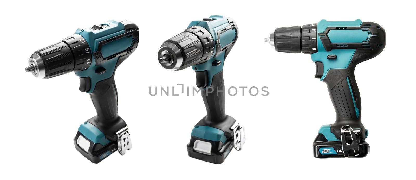 Electric screwdriver in different angles isolated on a white background.