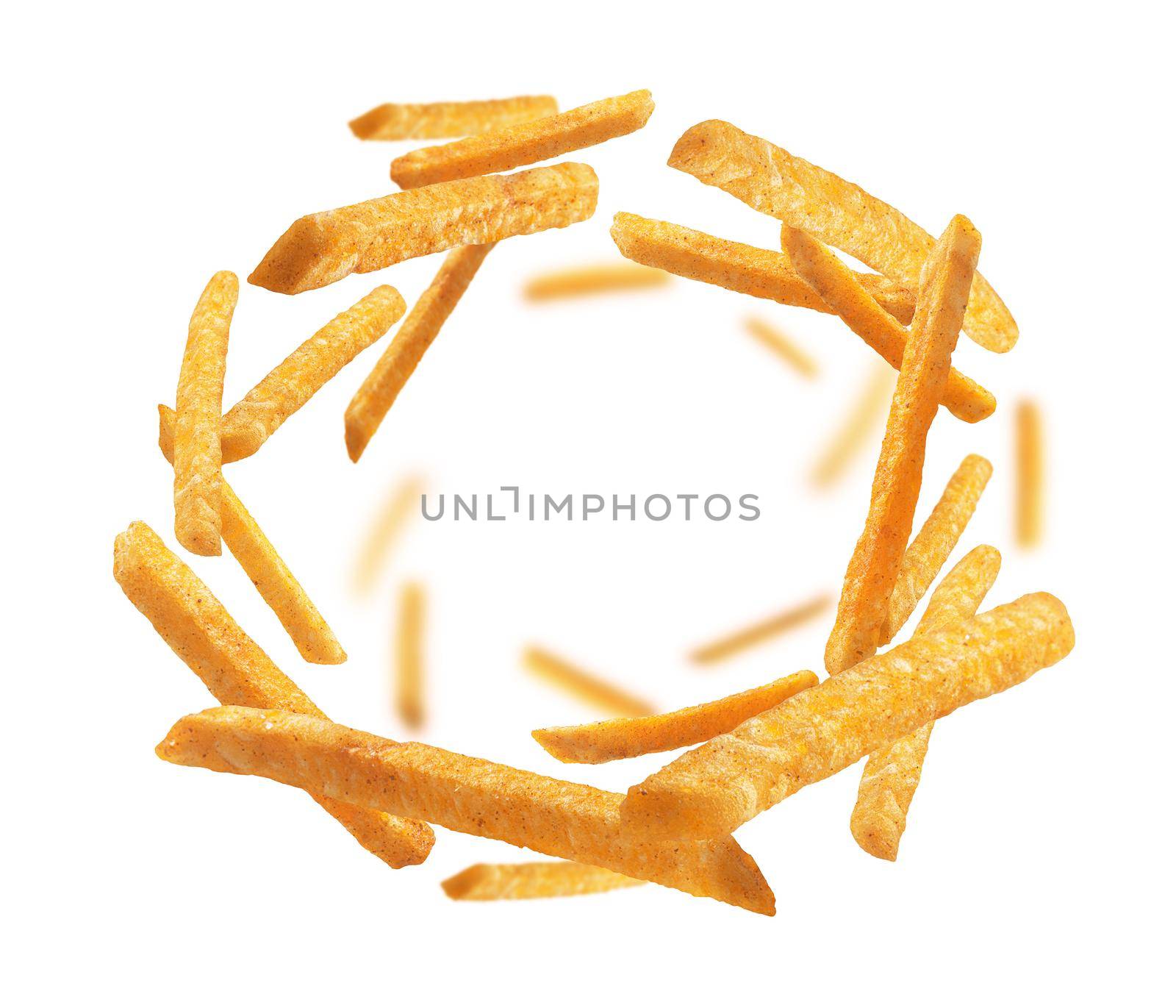 French fries levitate on a white background.
