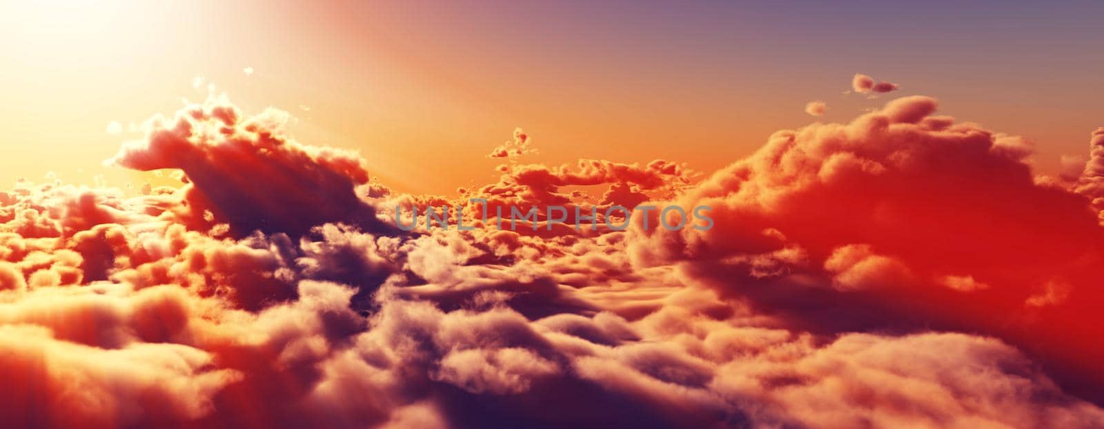 above clouds fly sunset sun ray illustration, 3d render