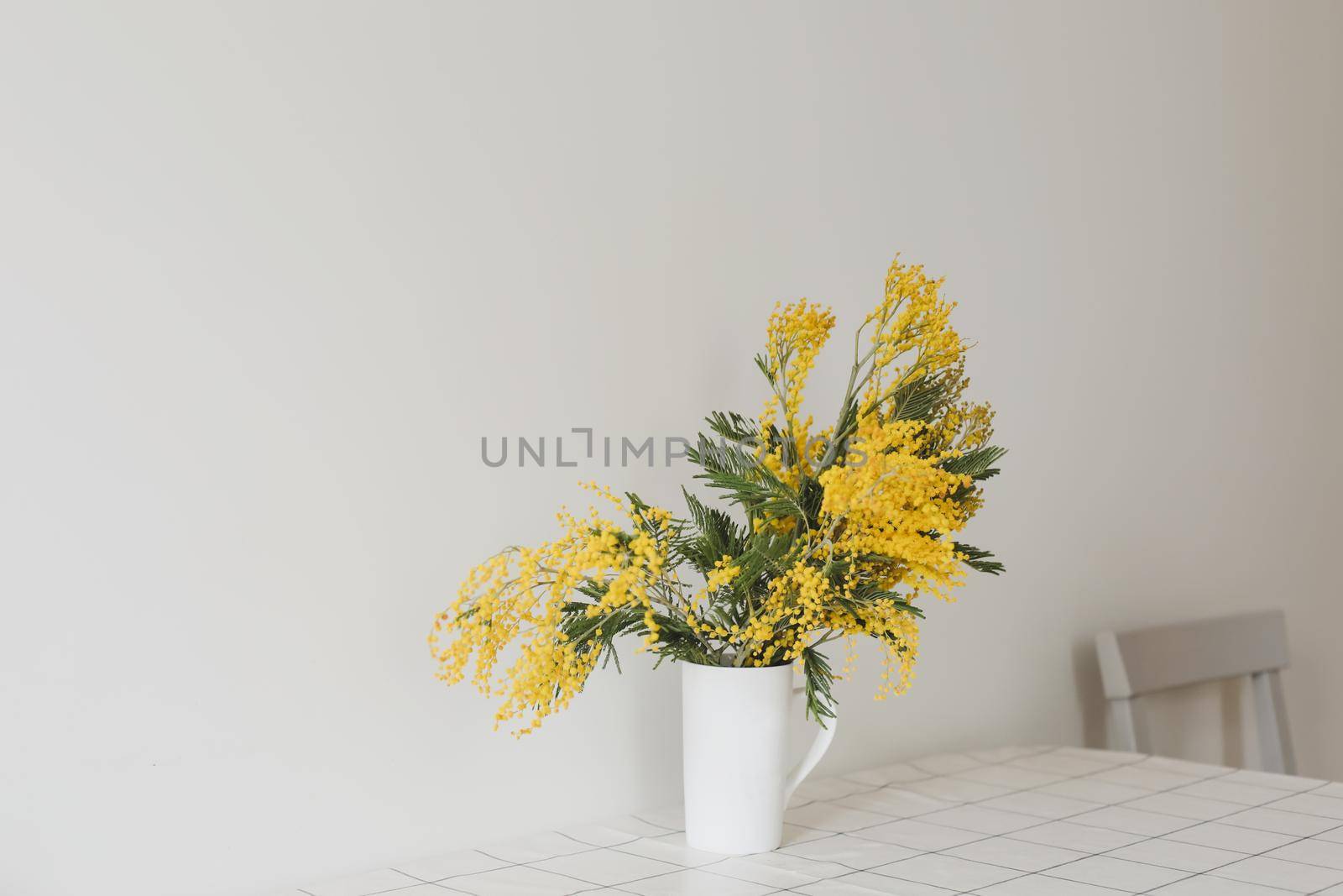 Spring flowers composition. Yellow mimosa flowers on white background in home interior.