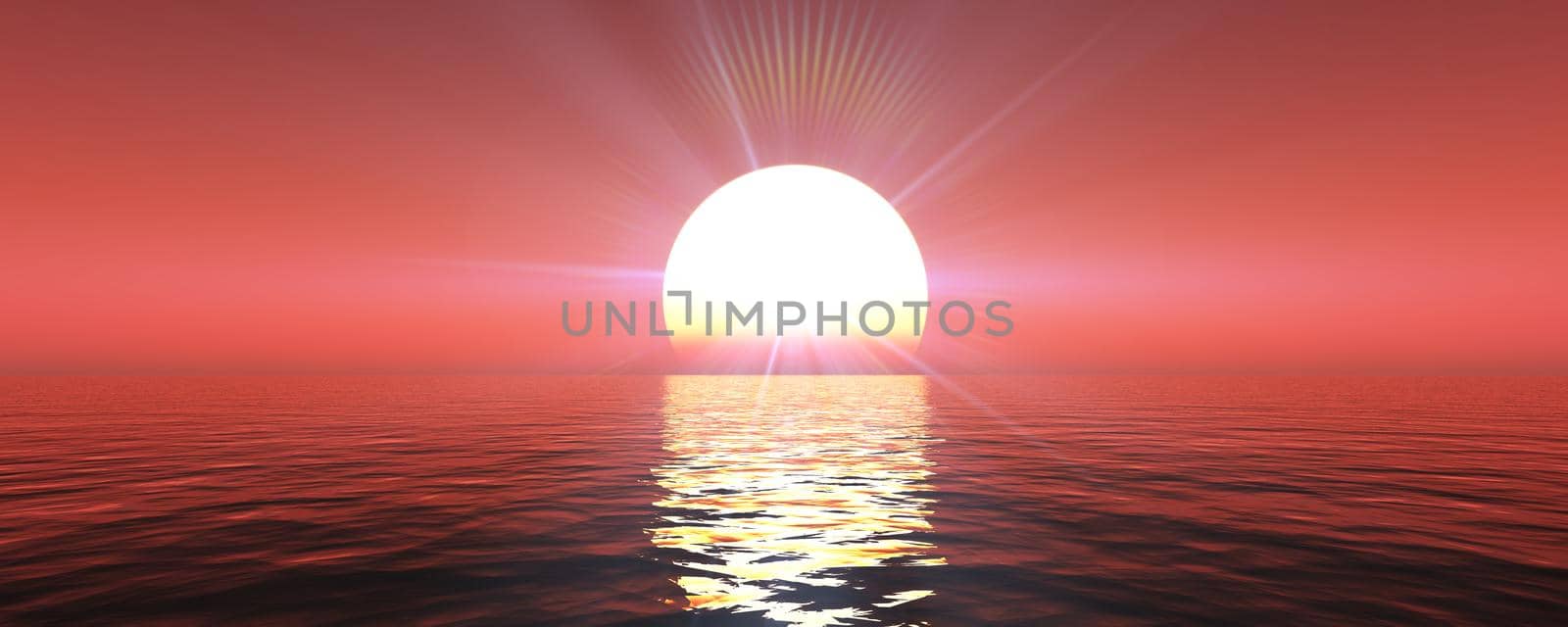 sunset sea sun ray clear sky. 3d rendering by alex_nako