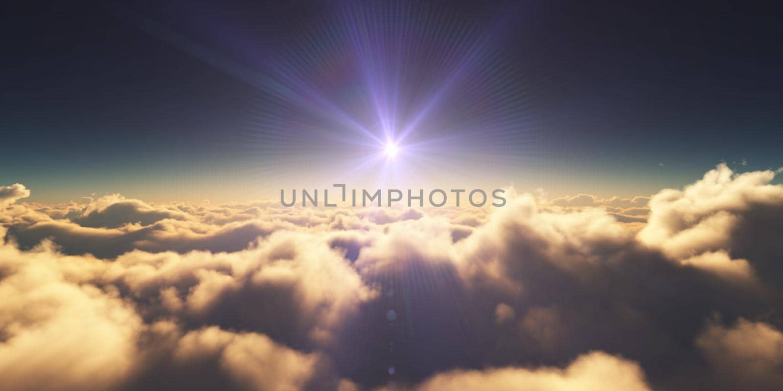 above clouds sunrise sun ray illustration, 3d rendering