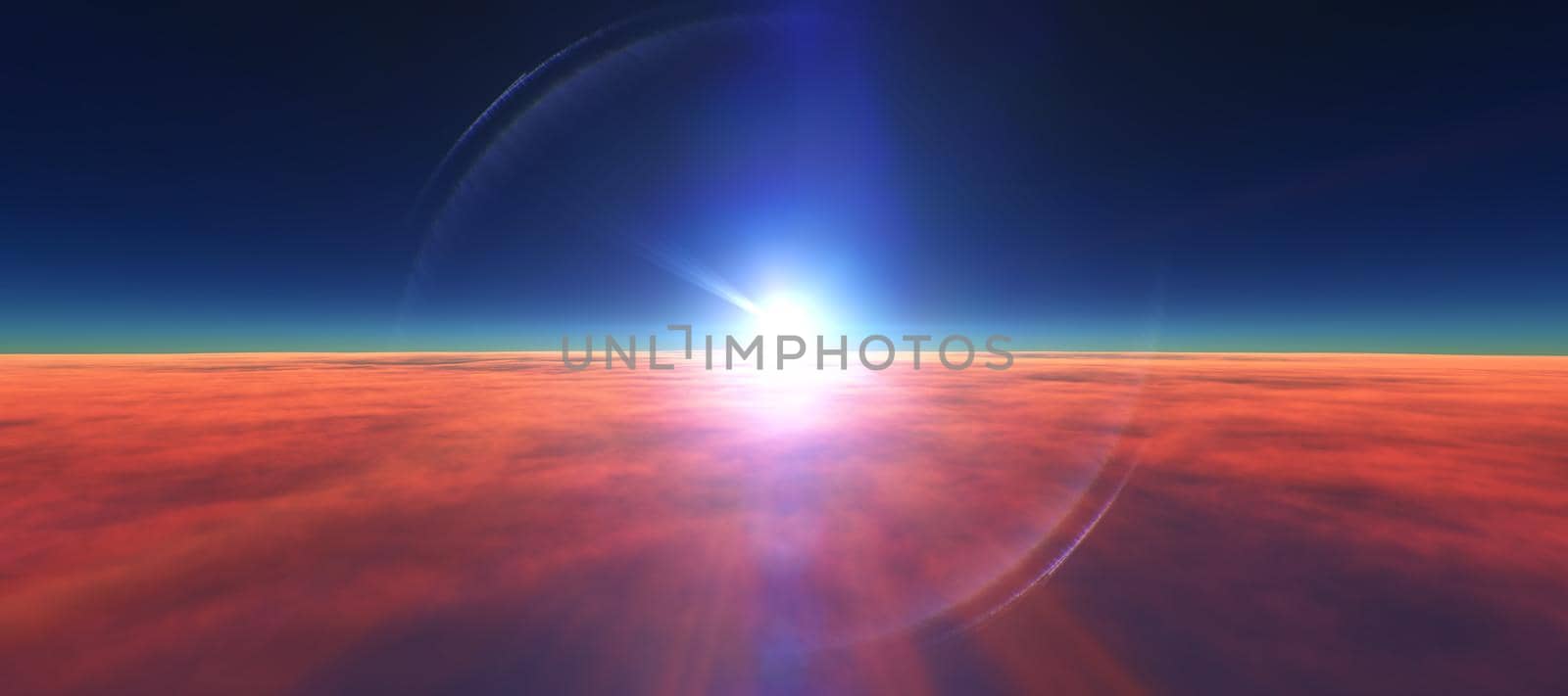 above clouds fly sunset sun ray illustration, 3d render