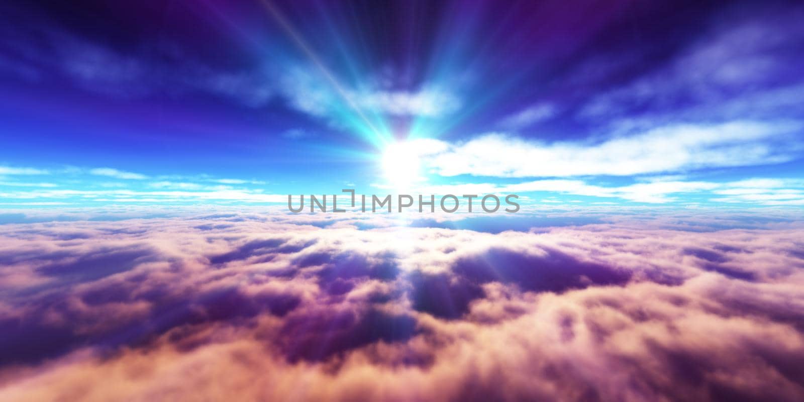 above clouds fly sunset sun ray illustration, 3d render