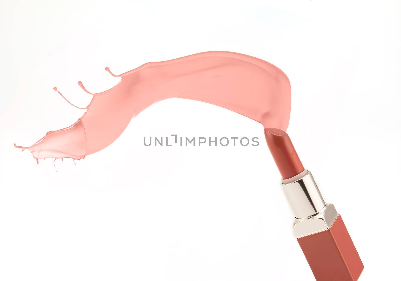 A tube of dark pink lipstick with a splash of color on white background