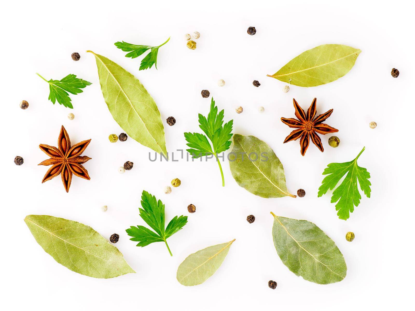Set of spices on white background, top view. Seasonings for meat broth by NataBene