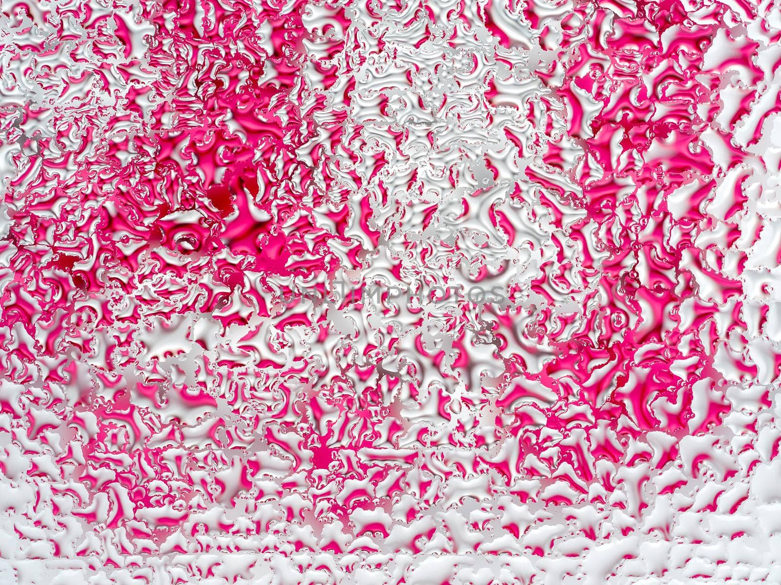 Abstract pink and white background with large and small convex drops of water on glass, condensation on window. Macro, close up.