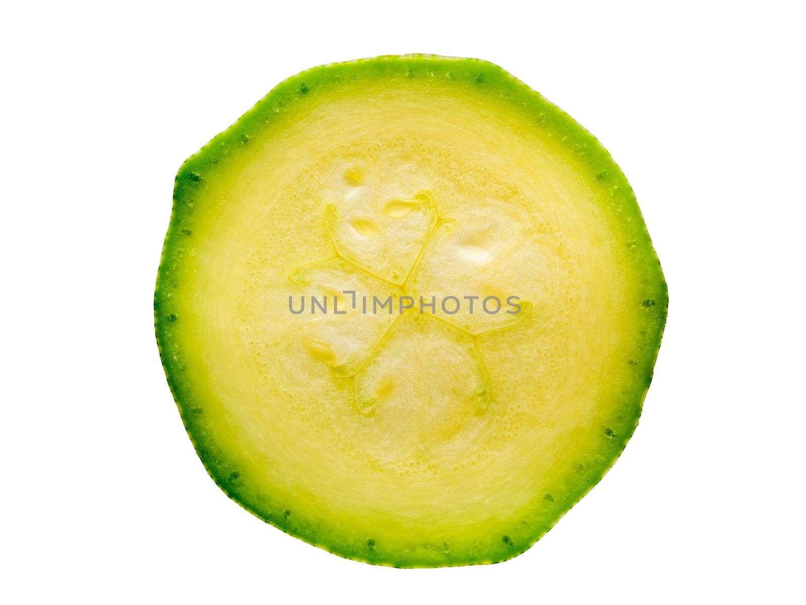 cut a thin slice of zucchini, isolated on white background