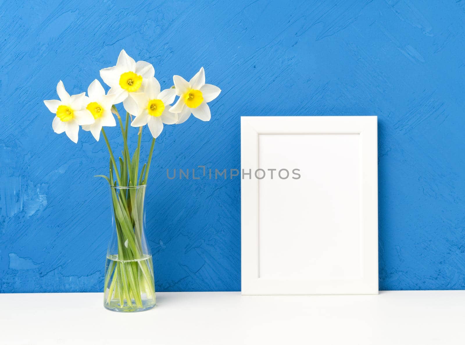 Bouquet of fresh flowers, daffodils in vase on white table, opposite blue textured concrete wall by NataBene