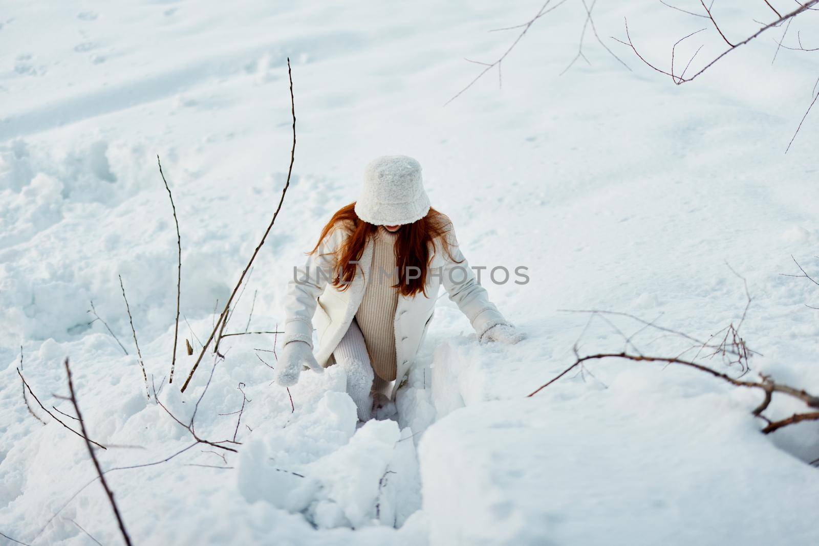 young woman smile Winter mood walk white coat Fresh air by SHOTPRIME