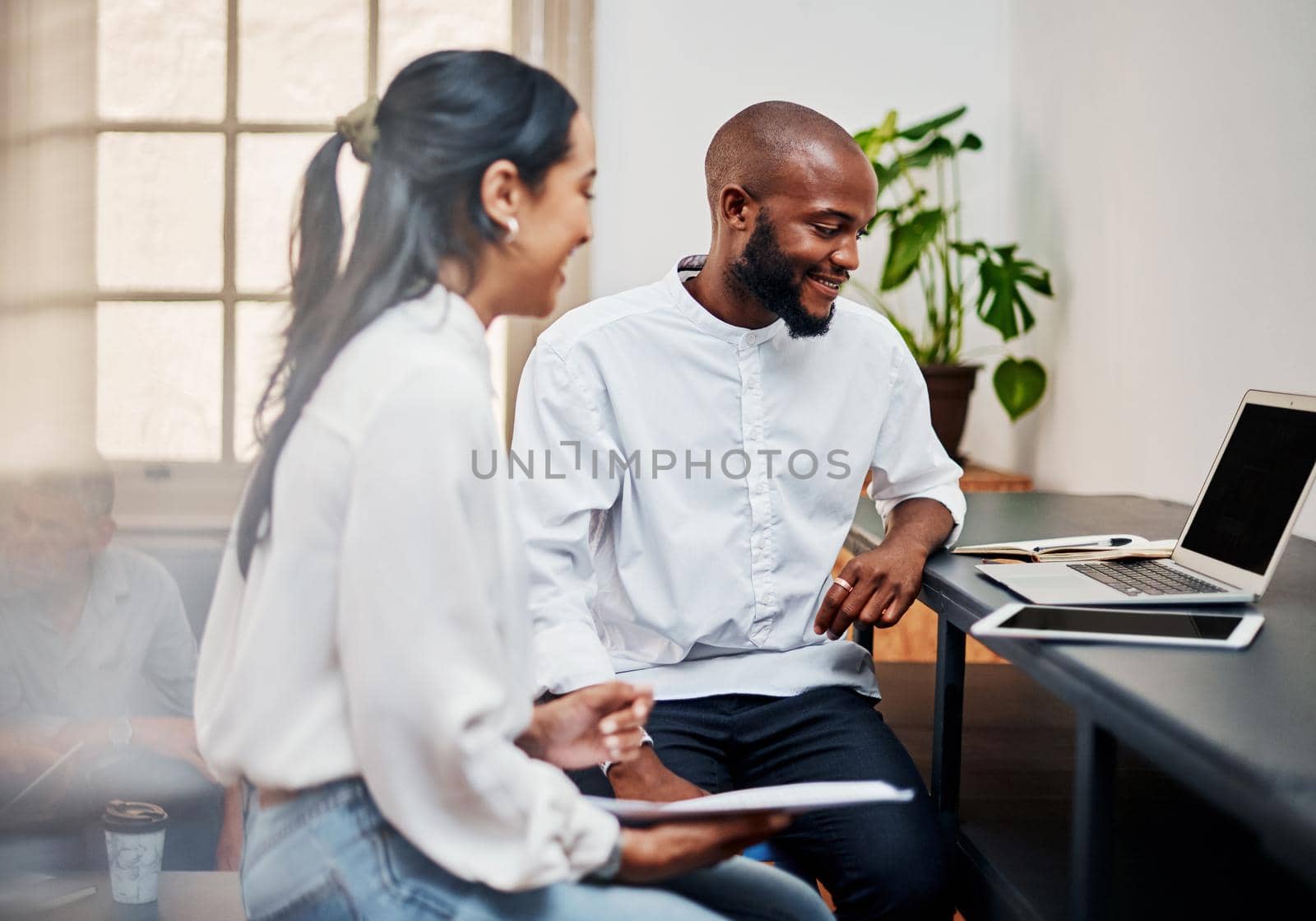 Shot of a young businessman and businesswoman using a laptop during a meeting in a modern office.