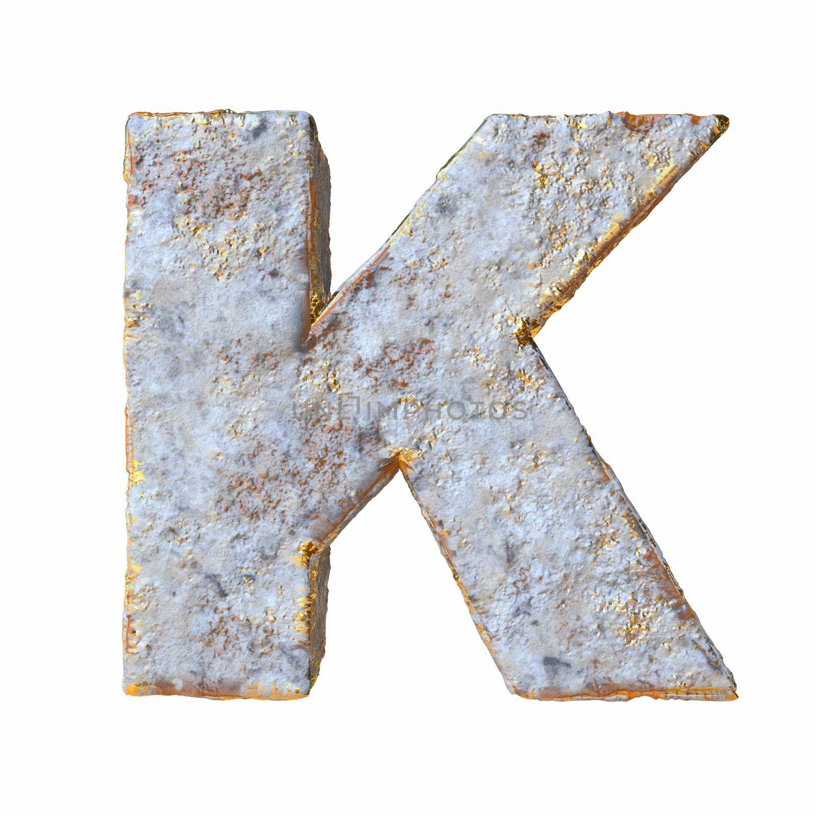 Stone with golden metal particles Letter K 3D rendering illustration isolated on white background