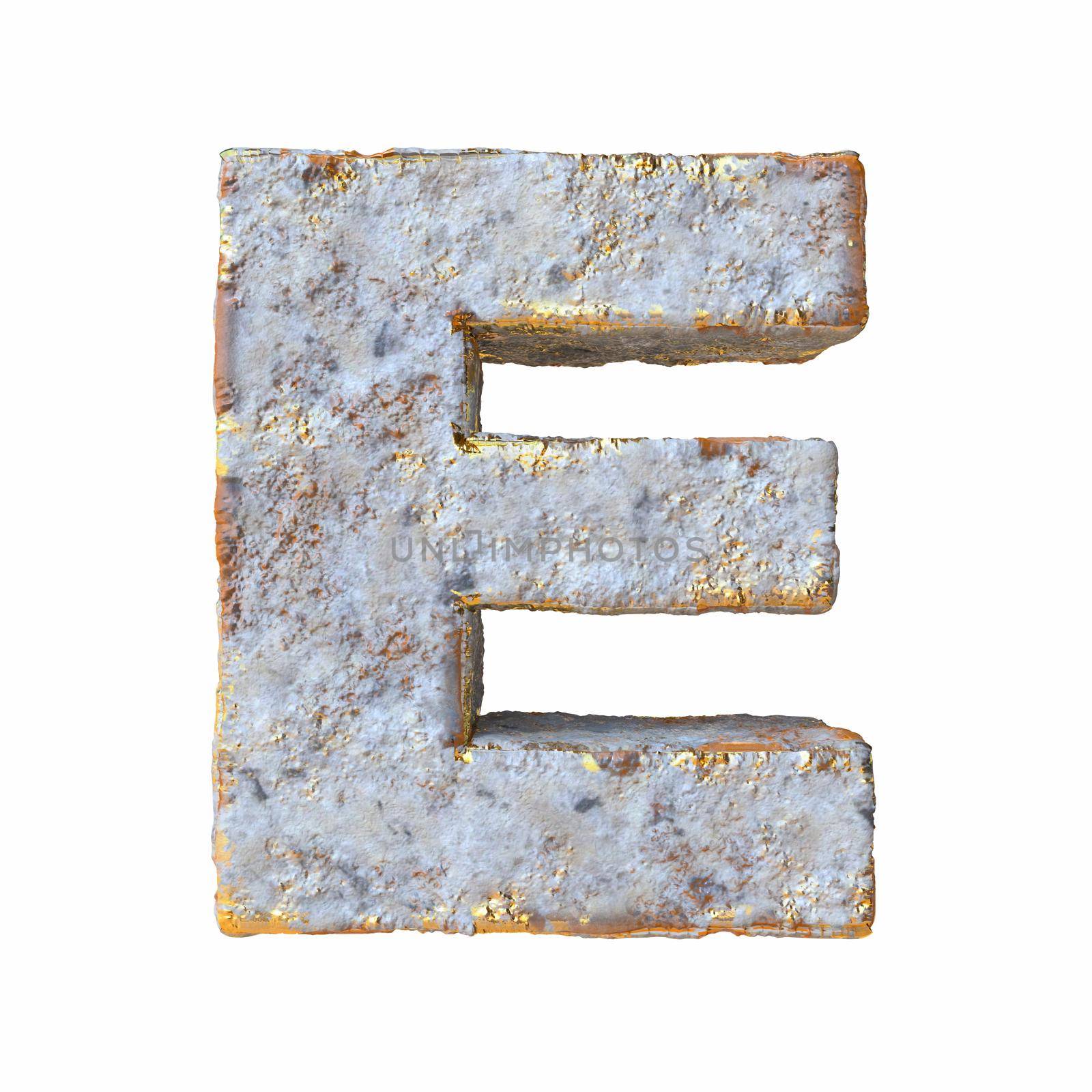 Stone with golden metal particles Letter E 3D rendering illustration isolated on white background