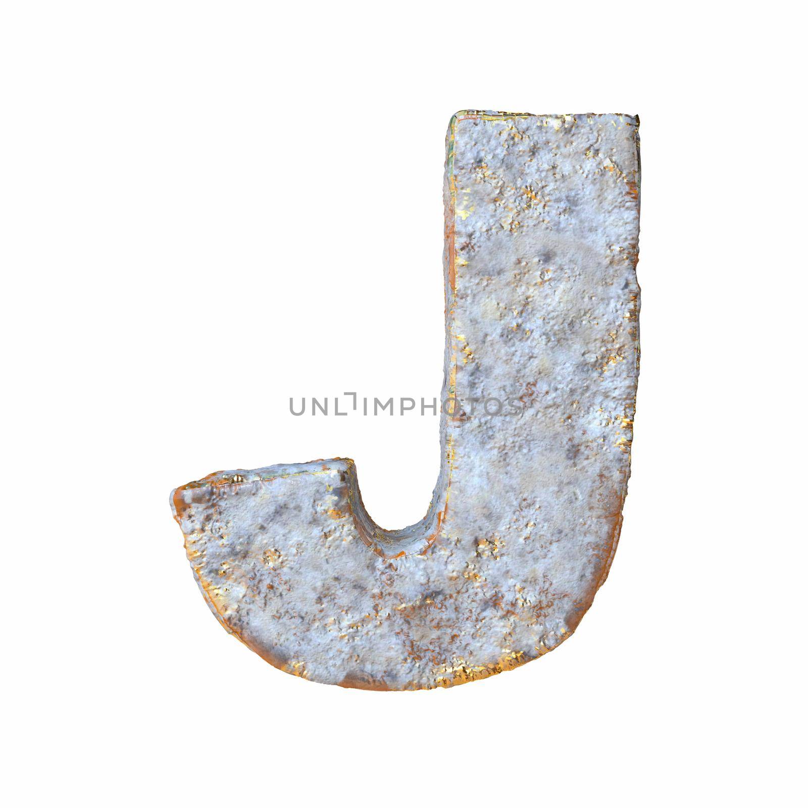 Stone with golden metal particles Letter J 3D rendering illustration isolated on white background
