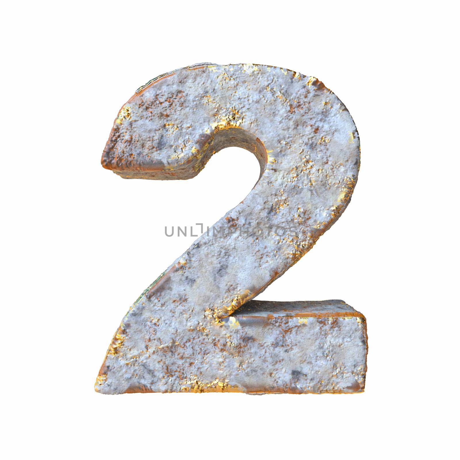 Stone with golden metal particles Number 2 TWO 3D rendering illustration isolated on white background