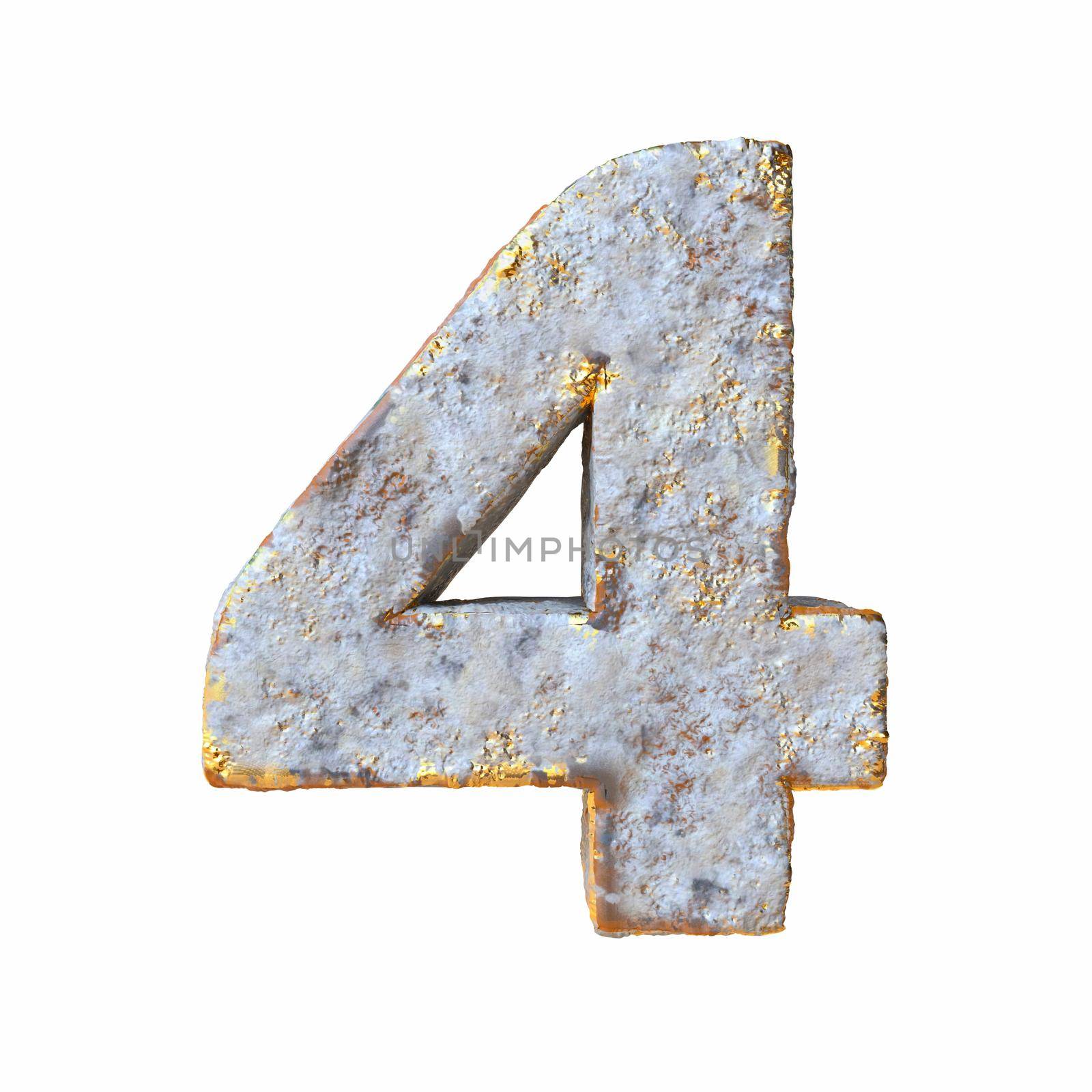 Stone with golden metal particles Number 4 FOUR 3D rendering illustration isolated on white background