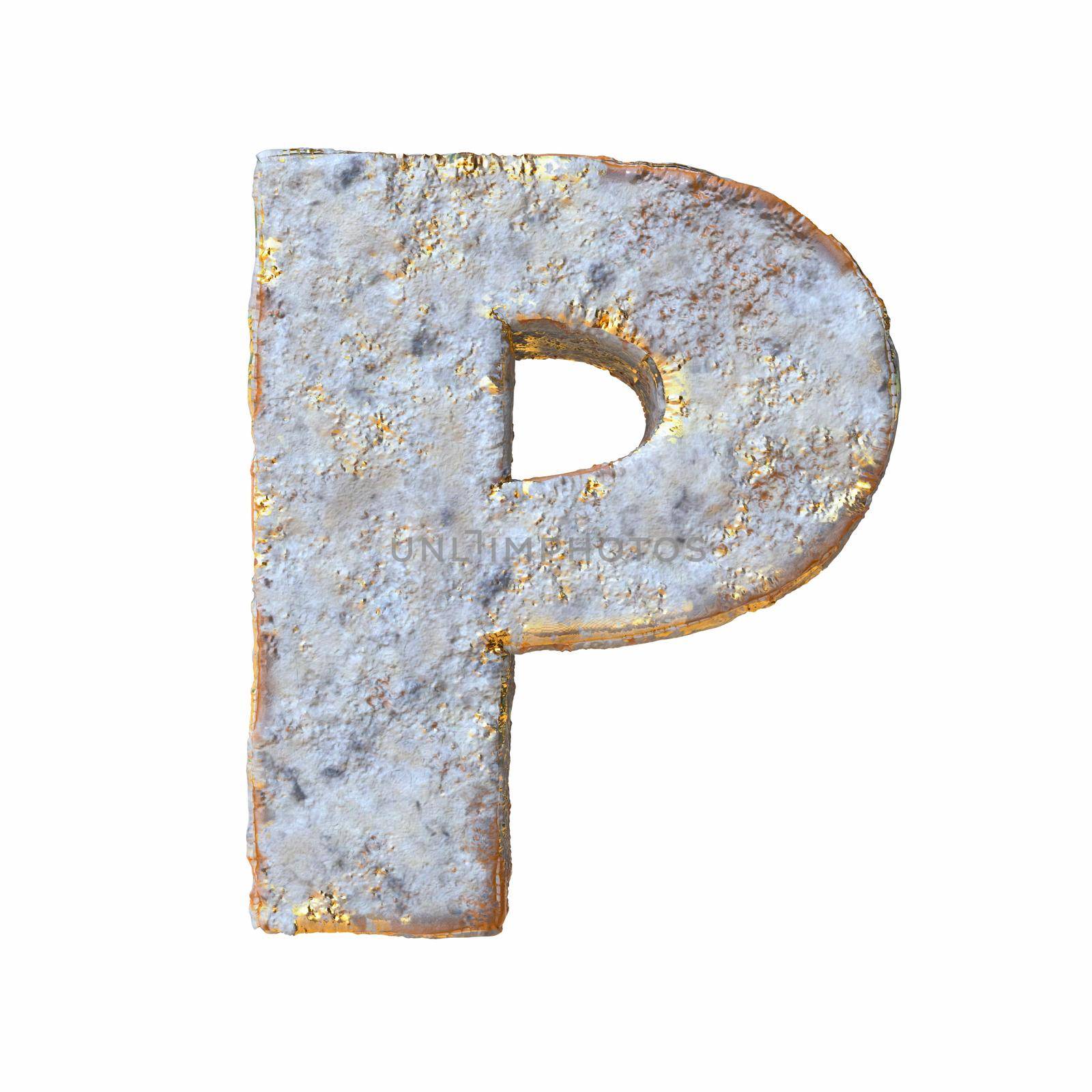 Stone with golden metal particles Letter P 3D rendering illustration isolated on white background