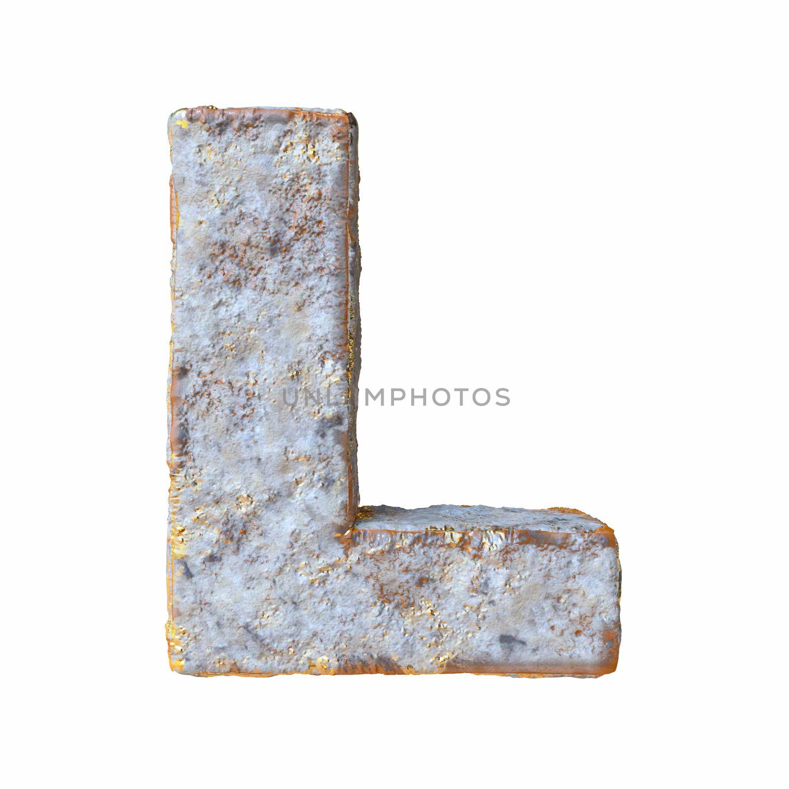 Stone with golden metal particles Letter L 3D rendering illustration isolated on white background