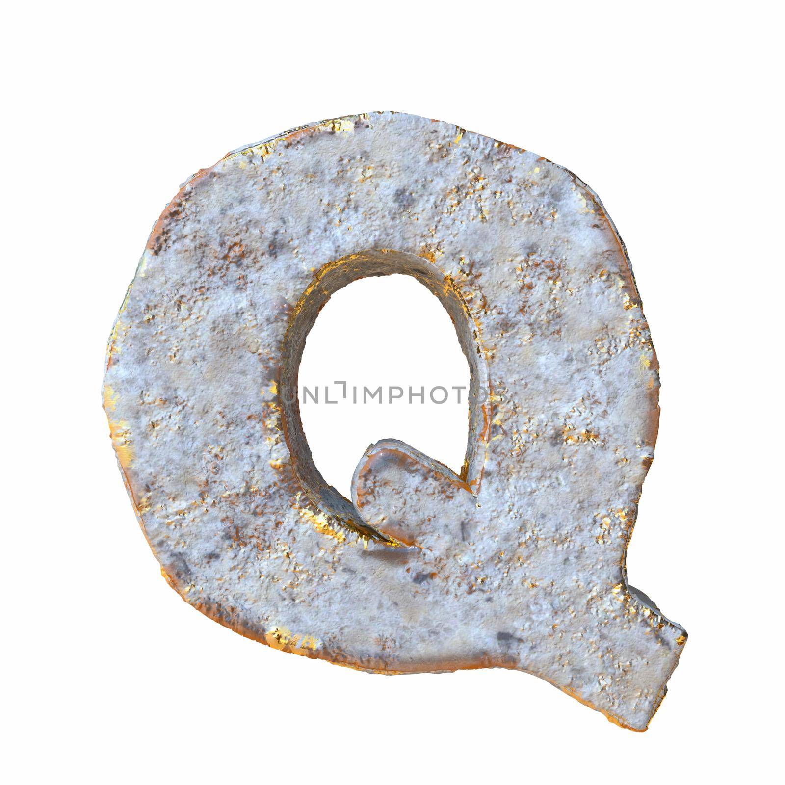 Stone with golden metal particles Letter Q 3D rendering illustration isolated on white background